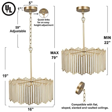 Durent Lighting Gold Drum Chandelier 4-Light Modern Drum Pendant Lighting Fixture with Cream Glass Shade, 16” Round Ceiling Hanging Light for Bedroom Dining Room Kitchen Foyer Entryway Living Room
