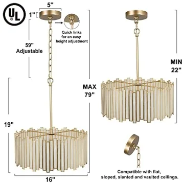 Durent Lighting Gold Drum Chandelier 4-Light Modern Drum Pendant Lighting Fixture with Cream Glass Shade, 16” Round Ceiling Hanging Light for Bedroom Dining Room Kitchen Foyer Entryway Living Room