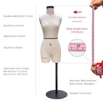 DE-LIANG Half Scale Dress Form（Not Adult Full Size） 1:2 Miniature Sewing Half Size Mannequin Not Fully Pinable Dressmaker Dummy 43cm Body Height Female Torso Tailor Model for Draping Beige