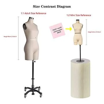 DE-LIANG Half Scale Dress Form（Not Adult Full Size） 1:2 Miniature Sewing Half Size Mannequin Not Fully Pinable Dressmaker Dummy 43cm Body Height Female Torso Tailor Model for Draping Beige