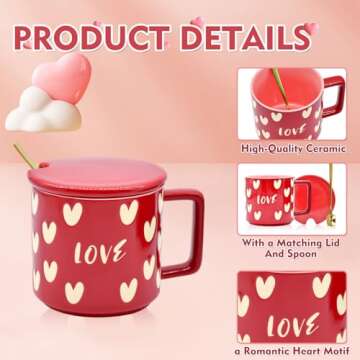 15 oz Heart Mug with Lid and Spoon for Valentine's Day