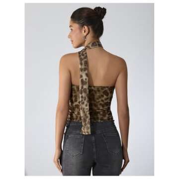 Milumia Women's Leopard Print Tube Top Cheetah Mesh Halter Top with Scarf Party Club