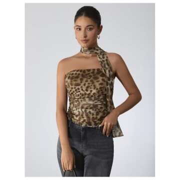 Milumia Women's Leopard Print Tube Top Cheetah Mesh Halter Top with Scarf Party Club