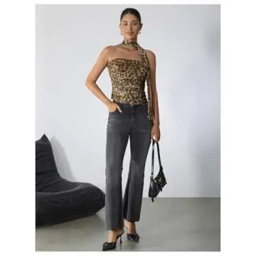 Milumia Women's Leopard Print Tube Top Cheetah Mesh Halter Top with Scarf Party Club