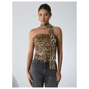 Milumia Women's Leopard Print Tube Top Cheetah Mesh Halter Top with Scarf Party Club