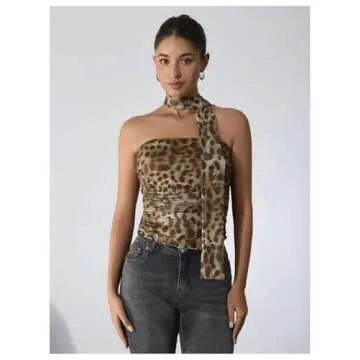 Milumia Women's Leopard Print Tube Top Cheetah Mesh Halter Top with Scarf Party Club