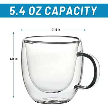 Mugs 5 oz Glass Espresso Cup Set of 2 - Double Wall Insulated Clear Coffee Mugs With Handle & Suspended Base Design - Thick Expresso Coffee Cups For Americano, Lattes, Tea, Cappuccinos, and More