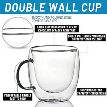 Mugs 5 oz Glass Espresso Cup Set of 2 - Double Wall Insulated Clear Coffee Mugs With Handle & Suspended Base Design - Thick Expresso Coffee Cups For Americano, Lattes, Tea, Cappuccinos, and More