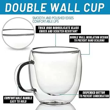 Mugs 5 oz Glass Espresso Cup Set of 2 - Double Wall Insulated Clear Coffee Mugs With Handle & Suspended Base Design - Thick Expresso Coffee Cups For Americano, Lattes, Tea, Cappuccinos, and More