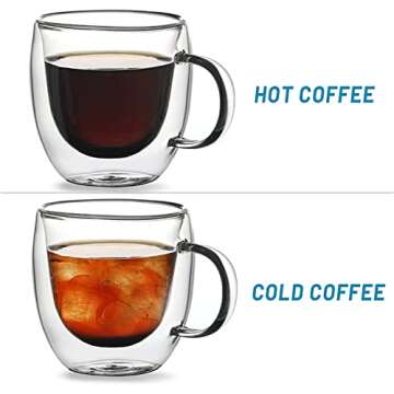 Mugs 5 oz Glass Espresso Cup Set of 2 - Double Wall Insulated Clear Coffee Mugs With Handle & Suspended Base Design - Thick Expresso Coffee Cups For Americano, Lattes, Tea, Cappuccinos, and More