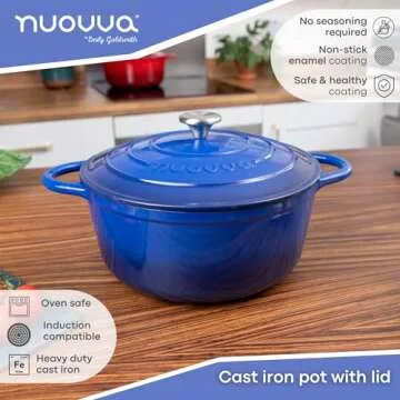 Cast Iron Dutch Oven with Lid – Non-Stick Ovenproof Enamelled Casserole Pot, Oven Safe up to 500° F – Sturdy Dutch Oven Cookware – Dark Blue, 6.4-Quart, 28cm – by Nuovva