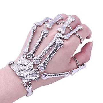 YERTTER Women Vintage Skull Fingers Metal Skeleton Bracelet Ring Hip Hop Street Dancing Cosplay Wristband for Halloween and Special Festival (Vintage silver)