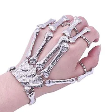 YERTTER Women Vintage Skull Fingers Metal Skeleton Bracelet Ring Hip Hop Street Dancing Cosplay Wristband for Halloween and Special Festival (Vintage silver)