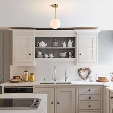 BAODEN Modern Globe Pendant Light 1-Light Mid Century Chandelier Large 7.87” White Globe Glass Shade Brushed Brass Finished Hanging Light Fixture for Kitchen Island (Gold)