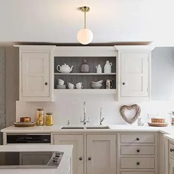 BAODEN Modern Globe Pendant Light 1-Light Mid Century Chandelier Large 7.87” White Globe Glass Shade Brushed Brass Finished Hanging Light Fixture for Kitchen Island (Gold)