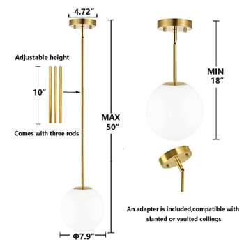 BAODEN Modern Globe Pendant Light 1-Light Mid Century Chandelier Large 7.87” White Globe Glass Shade Brushed Brass Finished Hanging Light Fixture for Kitchen Island (Gold)