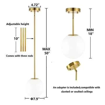 BAODEN Modern Globe Pendant Light 1-Light Mid Century Chandelier Large 7.87” White Globe Glass Shade Brushed Brass Finished Hanging Light Fixture for Kitchen Island (Gold)