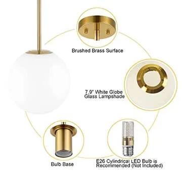 BAODEN Modern Globe Pendant Light 1-Light Mid Century Chandelier Large 7.87” White Globe Glass Shade Brushed Brass Finished Hanging Light Fixture for Kitchen Island (Gold)