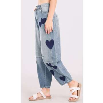 CHARTOU Y2k Barrel Jeans Women Wide Leg Jeans Baggy Distressed Printed Boyfriend Horseshoe Jeans Denim Pants (Medium,Blue)