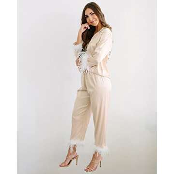 Belle's Design Feather Bridal Pajamas - Satin Silk Pants and Long Sleeve Feather Trim, Wedding, Bach...