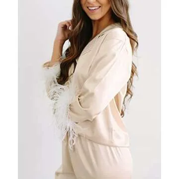 Belle's Design Feather Bridal Pajamas - Satin Silk Pants and Long Sleeve Feather Trim, Wedding, Bachelorette Party Sleepwear, Champagne/Large