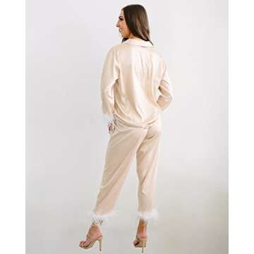 Belle's Design Feather Bridal Pajamas - Satin Silk Pants and Long Sleeve Feather Trim, Wedding, Bachelorette Party Sleepwear, Champagne/Large