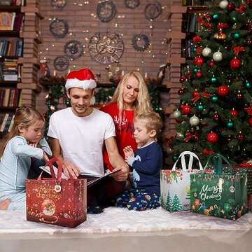 18Pcs Christmas Gift Bags with Gift Tags, Large Gift Bags Reusable Shopping Bags have Santa Claus Christmas tree snowman "Merry Christmas" ​Pattern of Gift Bag for Christmas Party, Christmas Surprise