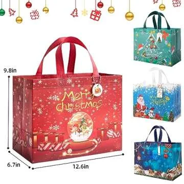 18Pcs Christmas Gift Bags with Gift Tags, Large Gift Bags Reusable Shopping Bags have Santa Claus Christmas tree snowman "Merry Christmas" ​Pattern of Gift Bag for Christmas Party, Christmas Surprise