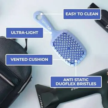 FHI Heat UNbrush Detangling Brush for Pain-Free Brushing on All Wet or Dry Hair Types — Durable DuoFlex Anti-Static Bristles, Lightweight Handle, Vented Hair Brush, Periwinkle Light Blue
