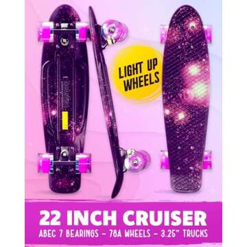 Deleven 22" Skateboard with Bright LED Wheels, Skate Tool, ABEC 7 Bearings - for Kids Beginners Adul...