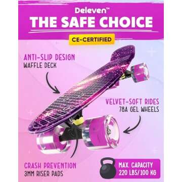 Deleven 22" Skateboard with Bright LED Wheels, Skate Tool, ABEC 7 Bearings - for Kids Beginners Adults