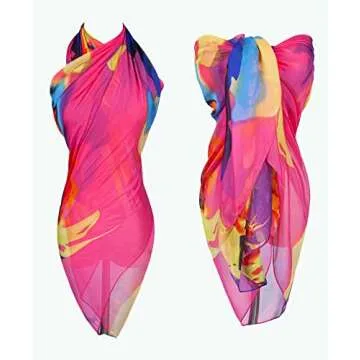 MissShorthair Womens Chiffon Beach Pareos Sarong Sheer Swimsuit Cover Ups Swimwear Bikini Wrap,Vibrant Red