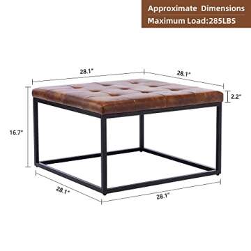 DUHOME Square Ottoman Coffee Table, Faux Leather Ottoman Foot Rest Upholstered Button Tufted Ottoman for Living Room with Metal Frame, Yellowish Brown & Black Base