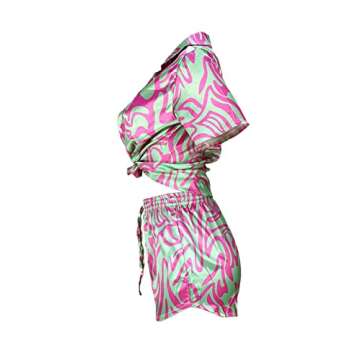 Women 2 Piece Floral Short Set Clubwear Summer Button Front Collared T-shirts Jogger Drawstring Shorts Rompers Set Rose Red Plus Size XL