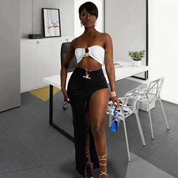 GEMEIQ Women’s 2 Piece Outfit Crop Top Metal Front and High Waist Midi Skirt Set with Slit Vacation Beach Cover Up White XXL