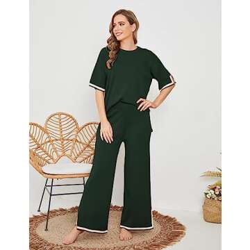 Faleave Womens Knit 2 Piece Sweater Sets Short Sleeve Pullover Tops Elastic Waist Wide Leg Pants Lounge Set(ArmyGreen-S)