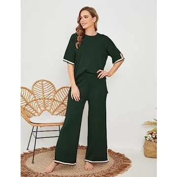 Faleave Womens Knit 2 Piece Sweater Sets Short Sleeve Pullover Tops Elastic Waist Wide Leg Pants Lounge Set(ArmyGreen-S)