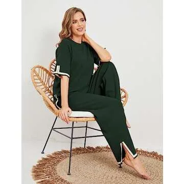 Faleave Womens Knit 2 Piece Sweater Sets Short Sleeve Pullover Tops Elastic Waist Wide Leg Pants Lounge Set(ArmyGreen-S)