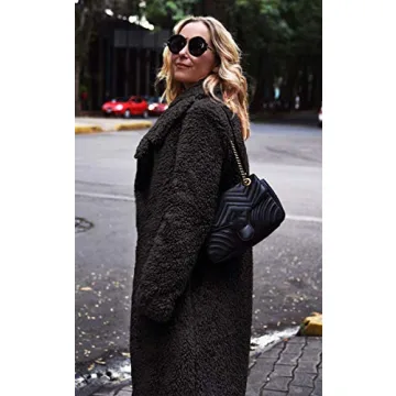 Angashion Women's Fuzzy Fleece Lapel Open Front Long Cardigan Coat Faux Fur Warm Winter Outwear Jackets Black S