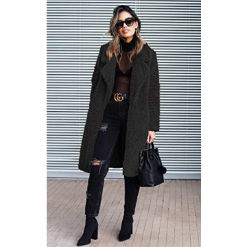 Angashion Women's Fuzzy Fleece Lapel Open Front Long Cardigan Coat Faux Fur Warm Winter Outwear Jackets Black S