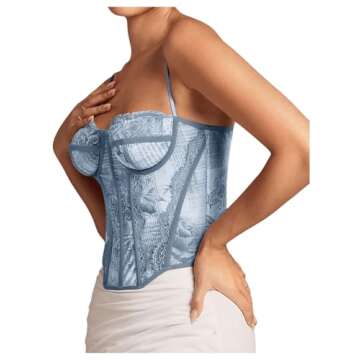 SHENHE Women's Lace Bustier Corset Top Sexy Floral Backless Going Out Tops Mesh Crop Top Camisole Dusty Blue Small