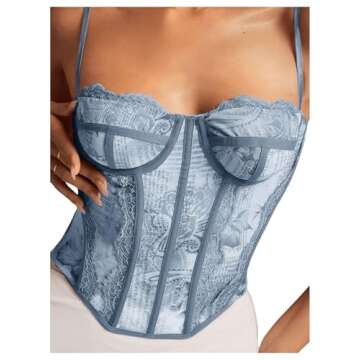 SHENHE Women's Lace Bustier Corset Top Sexy Floral Backless Going Out Tops Mesh Crop Top Camisole Dusty Blue Small
