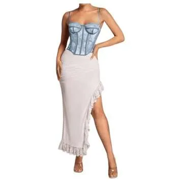 SHENHE Women's Lace Bustier Corset Top Sexy Floral Backless Going Out Tops Mesh Crop Top Camisole Dusty Blue Small