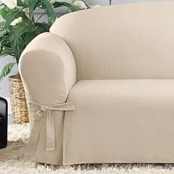 SureFit Home Décor Duck Cotton Solid Sofa Slipcover (Natural Color) - One Piece Full Length Relaxed Sofa Cover with Corner Ties/Machine Washable/Perfect for Protecting Your Favorite Furniture