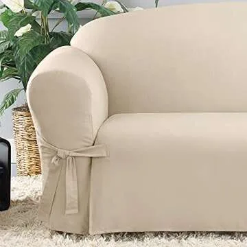 SureFit Home Décor Duck Cotton Solid Sofa Slipcover (Natural Color) - One Piece Full Length Relaxed Sofa Cover with Corner Ties/Machine Washable/Perfect for Protecting Your Favorite Furniture