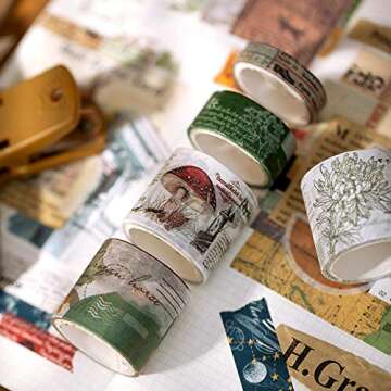 ZMLSED Vintage Green Washi Tape Set, 8 Rolls Antique Mushroom Japanese Masking Writable Decorative Tapes for Bullet Journal Planners DIY Crafts Arts Scrapbooking Adhesive