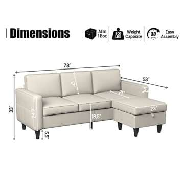 Convertible Sectional Sofa Couch,Modern Upholstered 3 Seat L Shaped Sofa Couch with Reversible Stora...