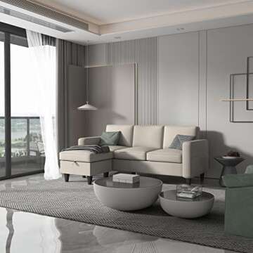 Convertible Sectional Sofa Couch,Modern Upholstered 3 Seat L Shaped Sofa Couch with Reversible Storage Ottoman and Pockets,Linen Sofa Furniture Sets for Living Room Small Space Apartment