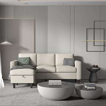 Convertible Sectional Sofa Couch,Modern Upholstered 3 Seat L Shaped Sofa Couch with Reversible Storage Ottoman and Pockets,Linen Sofa Furniture Sets for Living Room Small Space Apartment