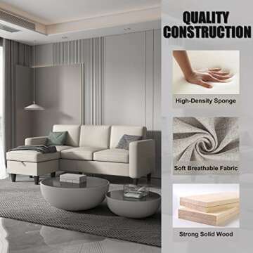 Convertible Sectional Sofa Couch,Modern Upholstered 3 Seat L Shaped Sofa Couch with Reversible Storage Ottoman and Pockets,Linen Sofa Furniture Sets for Living Room Small Space Apartment